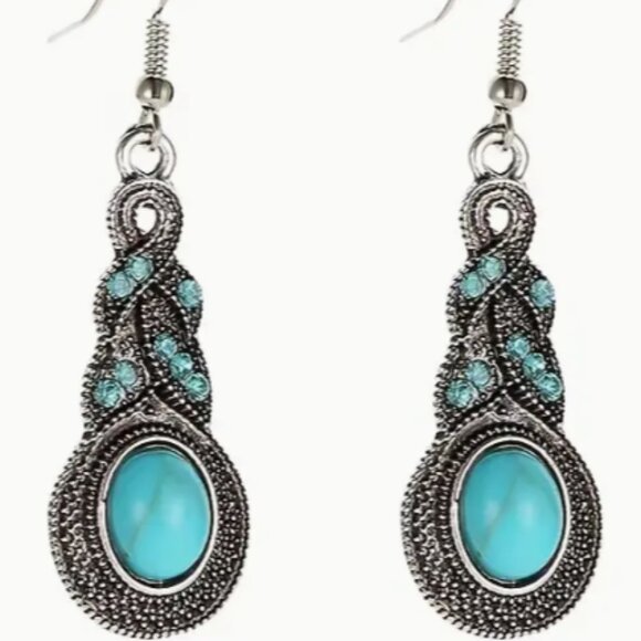 Vintage Style Simulated Turquoise & Rhinestone Silver Electro-Plated Set - Picture 3 of 4